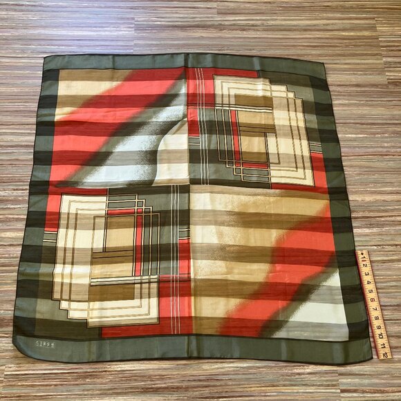 Semi Sheer Satin Square Scarf Bold Stripe Large Bandana Green/Gold Vintage Korea - Picture 4 of 4